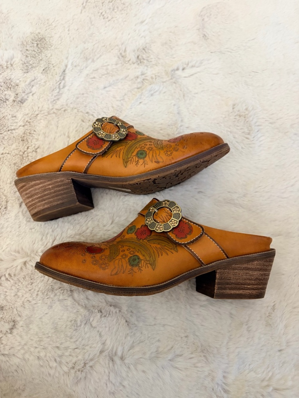 Spring Step L’Artiste Floral Tooled Leather Mule Clogs Boho Western Heels 5